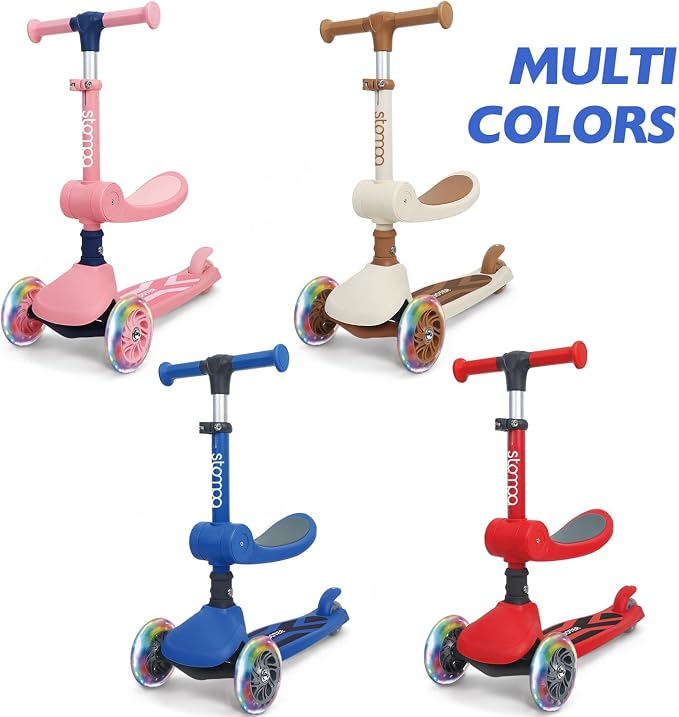 Stompa Kids Scooter 2-in-1 Light Up 3 Wheel Scooters with 4 Levels Adjustable Handlebar, Foldable Seat, Widen Non-Slip Deck for Girls & Boys Max 110 Lbs