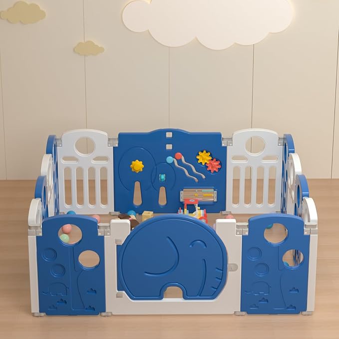 LulliSpace Baby Playpen,for Kids and Toddlers,Kids Activity Centre Safety Play Yard,Indoor&Outdoor Pattern Baby Fence with Game Panel, Safety Lock, Non-Slip Bases, Adjustable Shape,14 Panels