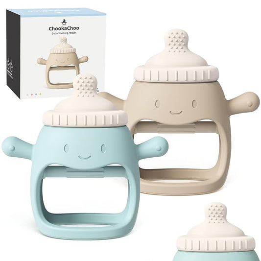 ChooKaChoo 2 Pack Baby Teething Toy for Over 3 Months, Food Grade Silicone Teething Mitten, Anti Dropping Wrist Hand Teethers Baby Chew Toys for Sucking Needs, BPA Free (BabyBottle Blue)