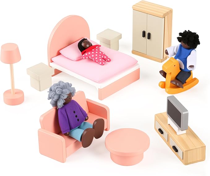 8PCS Wooden Dollhouse Family Miniature Doll Set Wooden Dollhouse Dolls for Boys Girls Toddler Kids Cosplay Figures Accessories for Pretend Toy Ages 3+ ﻿