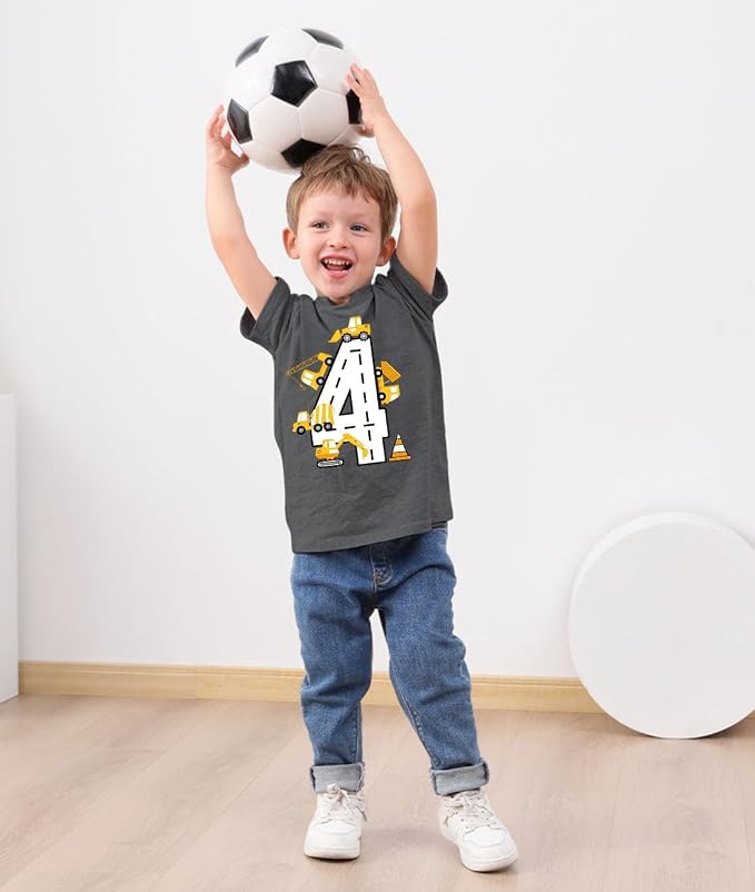 Lovekider 2-5 Years Birthday Boy Shirt Construction Party T-Shirts Excavator Cotton Short Sleeve Tee Dark Grey