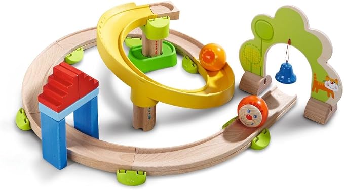 HABA Ball Run - Kullerbu Spiral Track, 26 Piece Wood & Plastic Marble Run Set with Wild Curves & Bell for Kids 2-6, STEM Toy Marble Maze Building Set