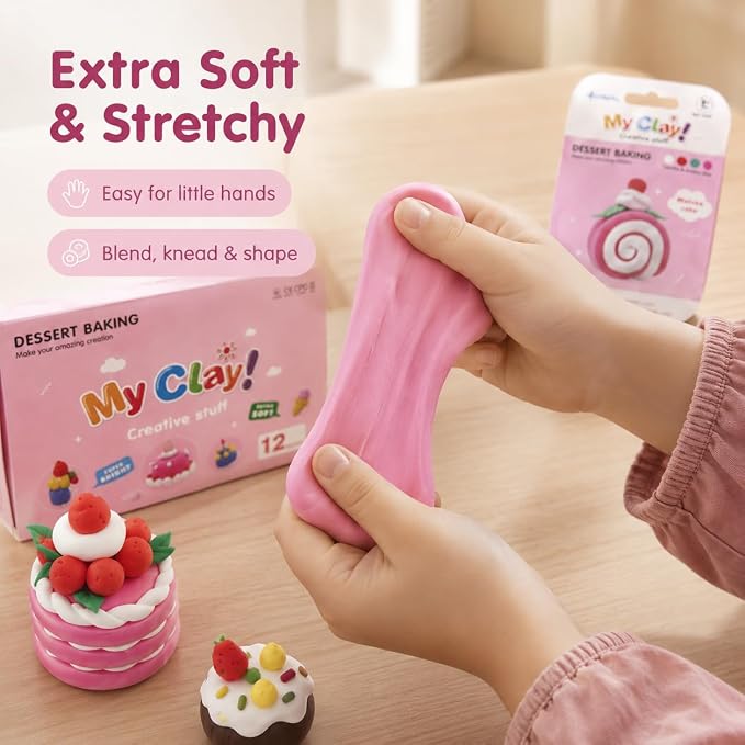 Air Dry Clay Kit for Kids, 12 Dessert Baking Modeling Clay for Kids, DIY Model Magic Clay with Tools and Tutorials, Soft&Non-Sticky, Safe&Non-Toxic Magic Clays,Creatible Art Crafts Toys Gifts