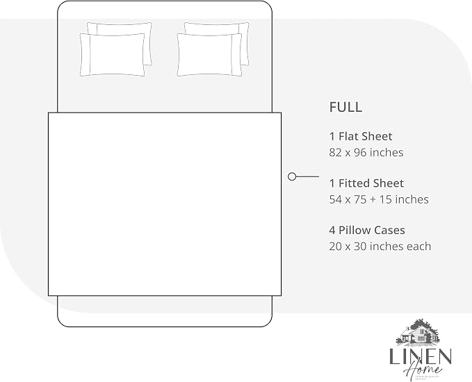 Linen Home 6 Piece Full Cotton Sheet Set, 100% Cotton Percale, 4 Pillowcases, Deep Pocket with All Around Elastic Sheet, Crisp Breathable Bedding, Hotel Luxury, Long-Staple Combed Cotton, Snow White