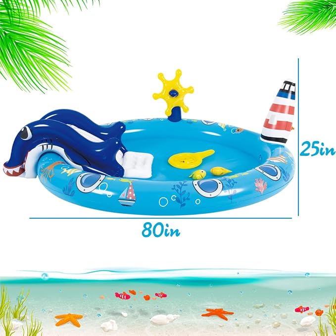 Kiddie Pool with Slide Inflatable Play Center Wading Lounge Kids Pool, Marine Life Sprinkler, Water Game Play Center for Kids 80" x 60" x 25"