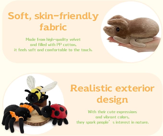 MorisMos 6 Pcs Insect Plush Toys Set, 6 Inch Cute Bug Stuffed Animals Butterfly Bee Moth Spider Ladybug Beetle Plushies, Bulk Insect Plush Collections for Kids, Birthday Classroom Prizes Christmas