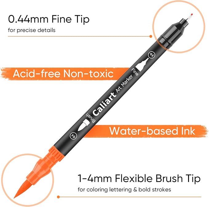 Caliart 72 Colors Double Tip Brush Pens Art Markers, Artist Fine & Brush Coloring Markers for Adult Book Journaling Calligraphy Lettering Planners Cards Drawing Craft Kit Teacher Office Supplies