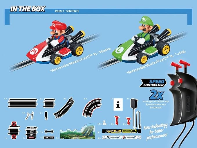 Carrera GO Mario Kart Electric Slot Car Race Track Set - Toy for Ages 6+ | Authentic Mario toys racing set. Features Mario & Luigi cars, 2 dual speed controllers & high-speed electric track