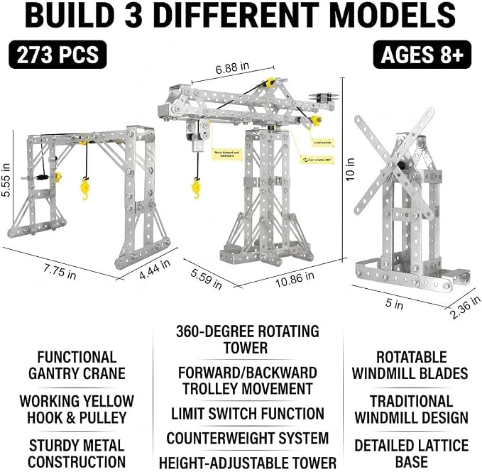 Metal Building Toys, 273pcs 3 in 1 Tower Crane & Frame Crane & Windmill Metal Model Set,Erector Sets for Boys Age 8-12,DIY Building Stem Projects Toys for Kids,Birthday Gifts for Model Crane Fan