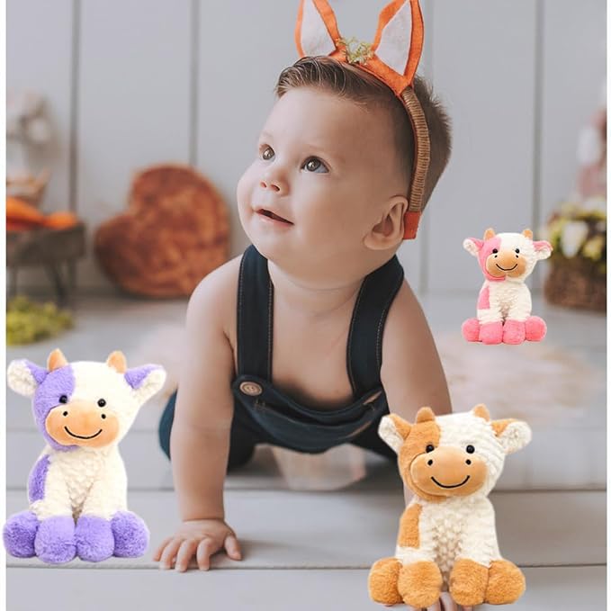 YUKOUQIAN Cute Cow Plush Stuffed Animal Doll Toy 8 inch for Girls Boys (Siting Cow Pink)