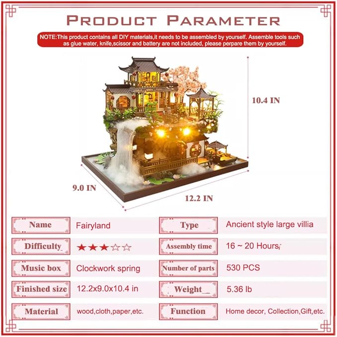 Yuzhen DIY Miniature Dollhouse with Furniture and LED Lights, Large Ancient Style Wooden Dollhouse Includes Dustcover and Music Movement