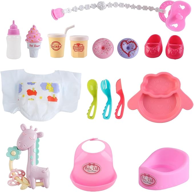 deAO 12” Black Baby Doll Play Set with Crib, Mobile, High Chair Feeding Accessories, Interactive Dolls for Girls Kids Pretend Play Baby Dolls 21 PCS
