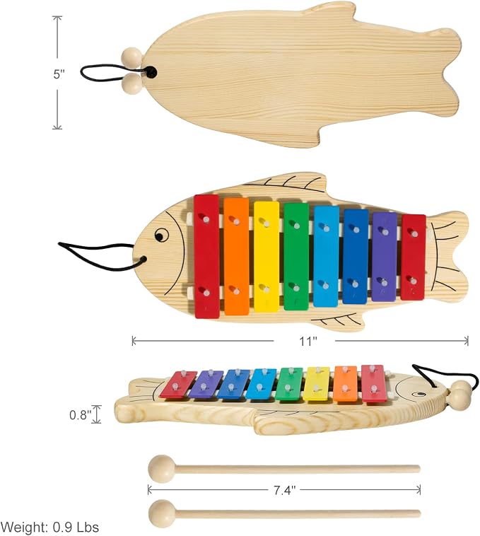 Xylophone for Baby Toddler Fish Shape Wooden Xylophone with 2 Mallets Educational & Preschool Learning Percussion Instrument Professional Tuning Musical Toys for Kids Aged 3+