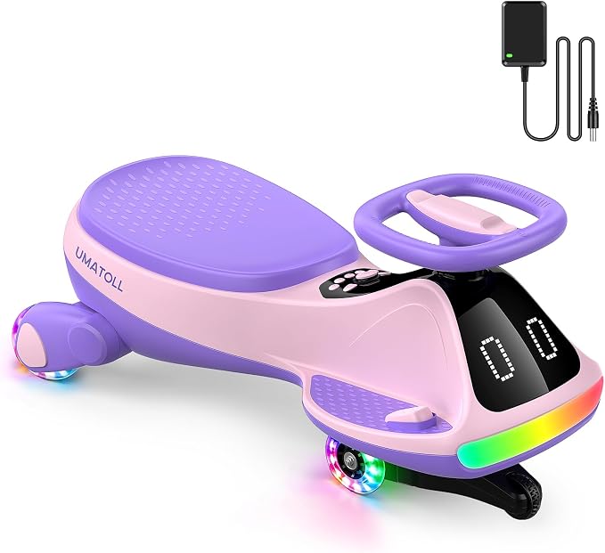Umatoll 12V Electric Wiggle Car for Kids with Pedal, Display, Rechargeable Battery, LED Light, Bluetooth, Light-Up Wheels, Anti-Rollover, 2 Speeds, Ride on Toys, Birthday Gifts for Age 3+, 150Lbs