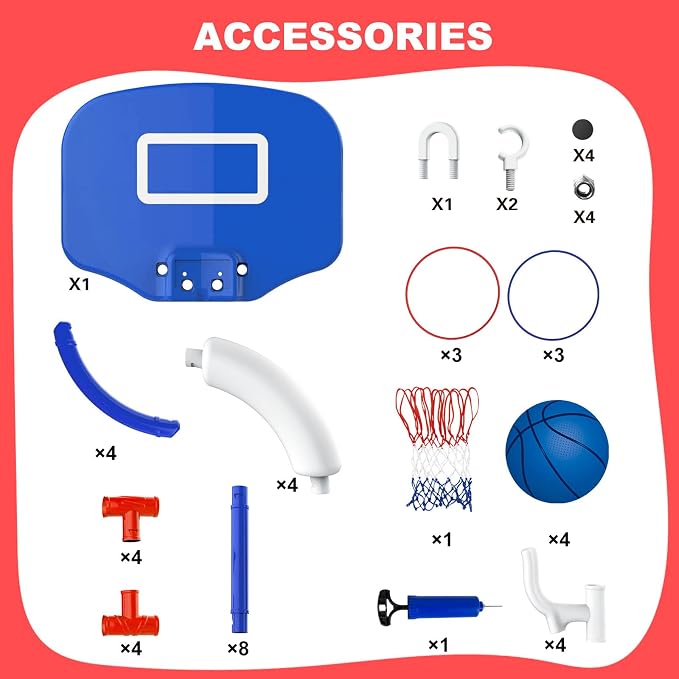 2-in-1 Floating Pool Basketball Hoop Set,Blue Swimming Pool Basketball Hoop with Backboard,4 Balls,6 Rings & Pump,Water Basketball Hoop for Pool Party Fun & Outdoor Indoor Pool Toys