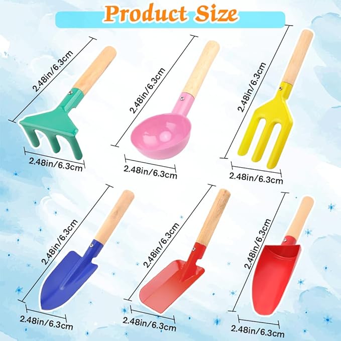 6 Piece Beach Sand Box Toys, Kids Gardening Tools, Made of Metal with Sturdy Wooden Handle, Safe Beach Gardening Set, Spoon, Fork, Rake & Shovel, Gifts for Toddlers