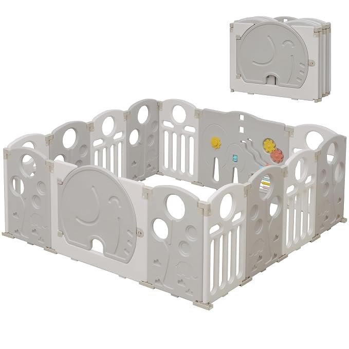 Baby Playpen, 14-Panel Foldable Play Pen for Babies and Toddlers, Indoor Outdoor Baby Fence with Sensory Play Panel, Adjustable Shape Activity Play Center, Portable & Easy Assemble