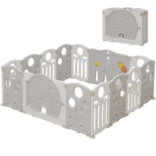 Baby Playpen, 14-Panel Foldable Play Pen for Babies and Toddlers, Indoor Outdoor Baby Fence with Sensory Play Panel, Adjustable Shape Activity Play Center, Portable & Easy Assemble