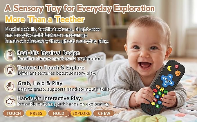 Baby Teething Toys Silicone Baby Remote Teether Over 3 Months - Baby Essentials Sensory Chew Toys - Baby Teether for Teething Relief - BPA Free Infant Toys Baby Shower Gifts (1, Black)