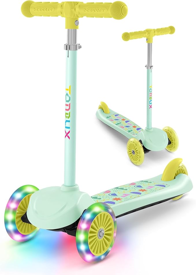 TONBUX Kids Scooter for Ages 3-5, Toddler Scooter with Light-Up Deck and Wheels, Adjustable 4-Level Height 3-Wheel Scooters for Kids, Lean-to-Steer Design