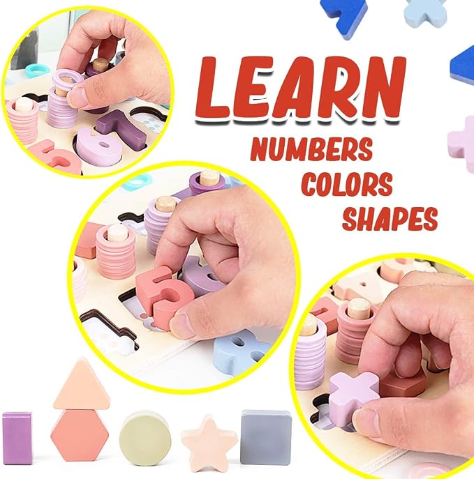 CozyBomB™ Educational Montessori Toys for 1 Year Old Toddlers - Wooden Puzzles Blocks Number Stacking Preschool Learning Activities Shape sorter Math Game Counters Baby Kids Ages 3 4 5 Years Old