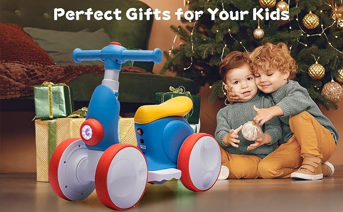 JoyRydz 6V Electric Baby Balance Bike with Bubble Machine,4 in 1 Toddler Balance Bike w/Remote for 1 Year Old Boys Girls Kids Bubble Bike Ride on Toys w/Powered Motor,Music,LED Lights (Blue&Red)