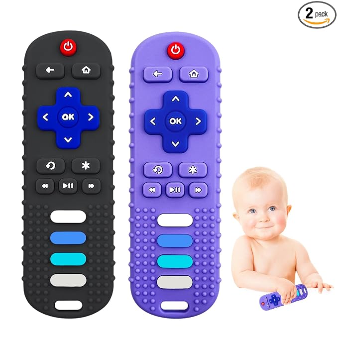 2-Pack Silicone Baby Teething Toys, Fire TV Remote Shape for 18 Months Infant, Toddlers, Boys and Girls Early Educational Sensory Toy (Black+Purple)
