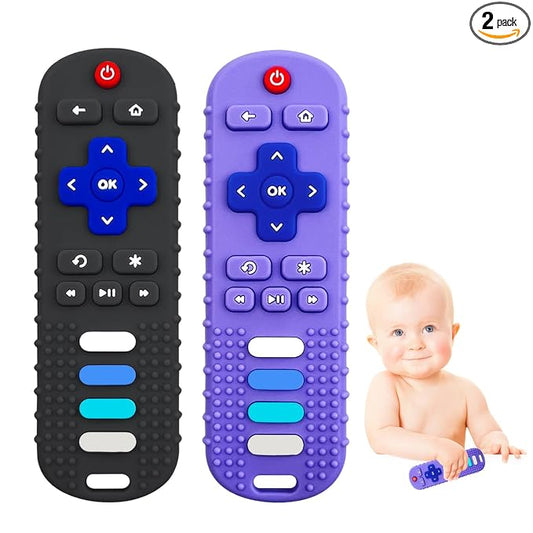 2-Pack Silicone Baby Teething Toys, Fire TV Remote Shape for 18 Months Infant, Toddlers, Boys and Girls Early Educational Sensory Toy (Black+Purple)