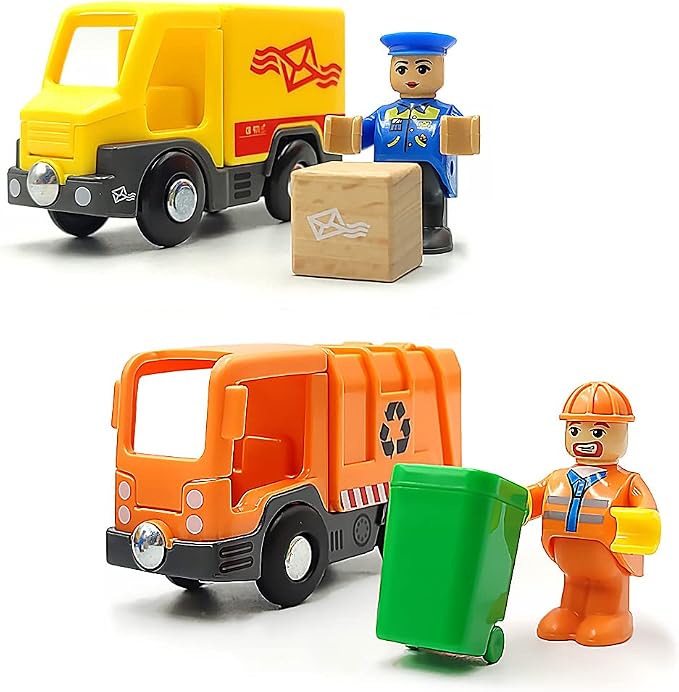 DSHMIXIA Garbage Mail Truck Small Toys Cars for 3 5 Year Old Boys Magnetic Couplings City Vehicle for Wood Train Set for Children Inside Outside Toys (City Set)