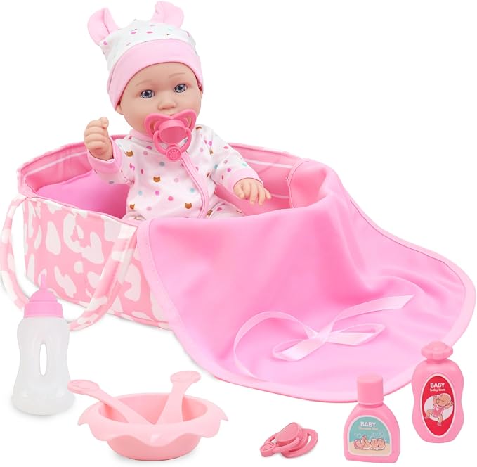 ZITA ELEMENT 12″ Baby Doll with Sleeping Carrier Bassinet Bed Set in Gift Box - 13 Piece Soft Baby Doll with Accessories, for Girls Ages 3+