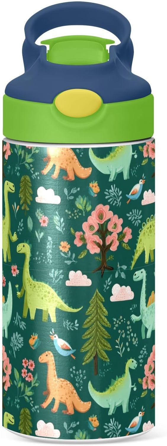 Boccsty Funny Dinosaur Kids Water Bottle with Straw Lid Animal Tropical Leaves Dino Insulated Stainless Steel Reusable Tumbler for Boys Girls Toddlers 12 oz Green