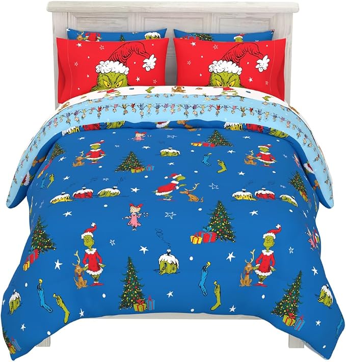 Grinch By Dr. Seuss Holiday & Christmas Bedding Super Soft Comforter and Sheet Set with Sham, 7 Piece Queen Size (Official Dr. Seuss Product) By Franco
