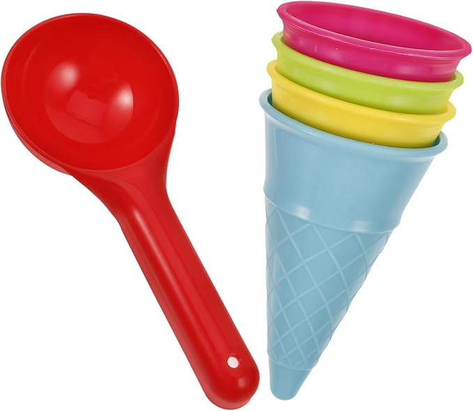 SEWACC 5pcs Plastic Sand Ice Cream Cones and Scoop Kids Sand Mold Set Seaside Play Beach Toys for Outdoor Seaside (Random Color)