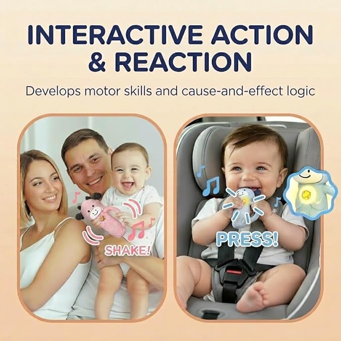 MooMoo Baby Musical Toy, 4‑in‑1 Light‑Up Sensory Toy & Teether for 3–24 Month Babies, BPA‑Free with Easy‑Grip Handle, Cute Cow‑Shaped Travel Toy for Car Seat & Stroller (Blue)