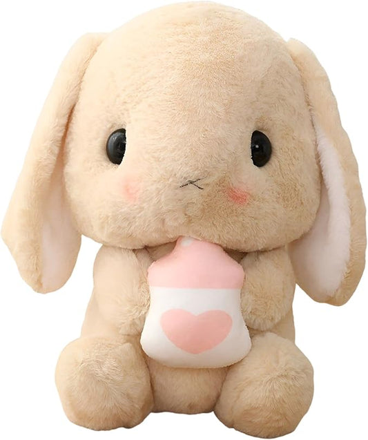 HOUPU Soft Toy - Sitting Lop Eared Rabbit, Easter White Rabbit Stuffed Bunny Animal with Carrot Soft Lovely Realistic Long-Eared Standing Pink Plush Toys (Brown-Milk Bottle,12.5in/32cm)