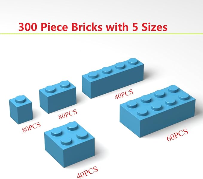 300Pcs Building Brick Bulk, Sky Blue Bulk Bricks with 5 Sizes, Compatible with Lego and Parts and Pieces, Creative Building Block Toys for Boys Girls Ages 6 7 8 9 10 Years Old