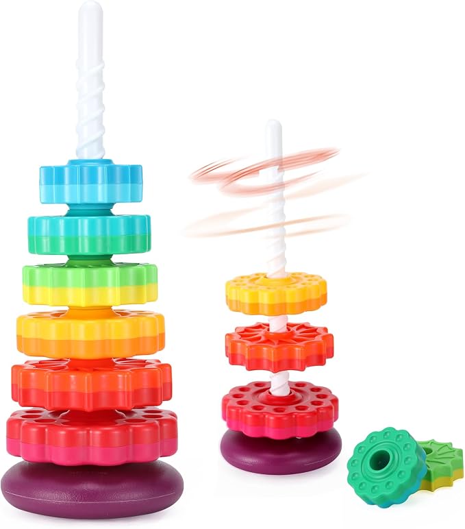 Riuja Baby Spinning Stacking Toys, 1-3 Rainbow Ring Stacker Montessori Toys for Babies, Sensory Toys for Toddlers, Christmas and Birthday Gifts Suitable for Boys and Girls (16 inches)