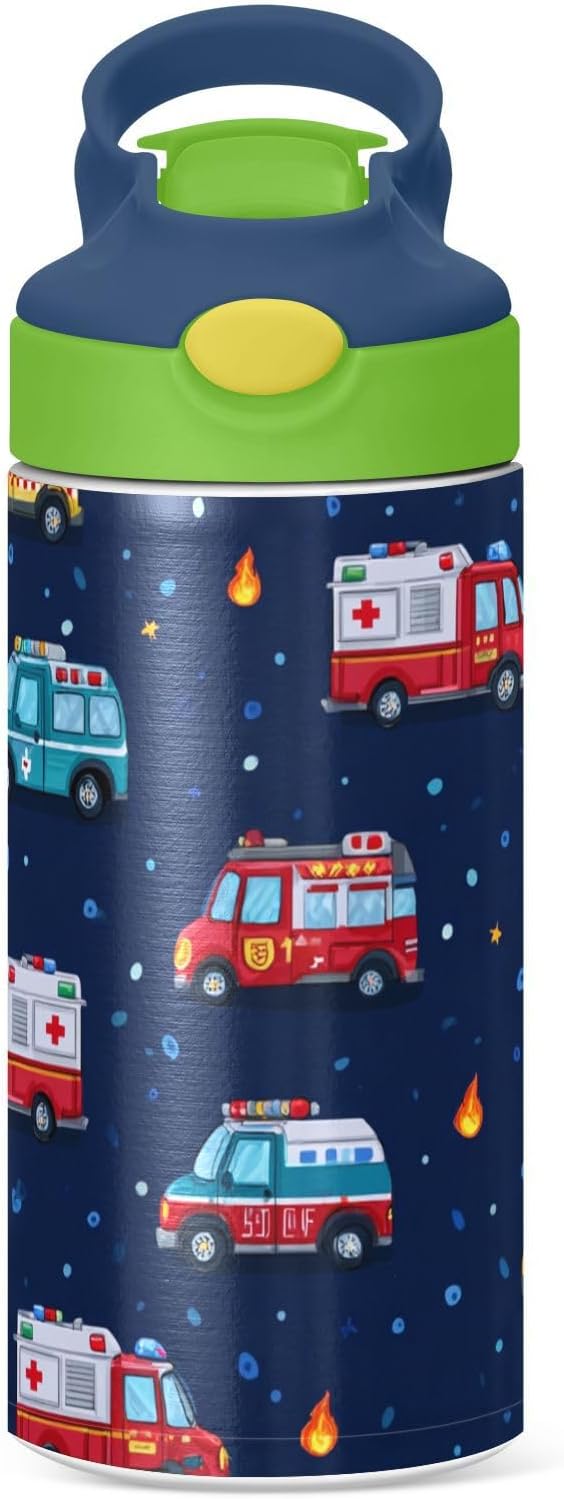 Boccsty Cartoon Ambulance Car Kids Water Bottle with Straw Lid Firefighter Fire Truck Insulated Stainless Steel Reusable Tumbler for Boys Girls Toddlers 12 oz Green