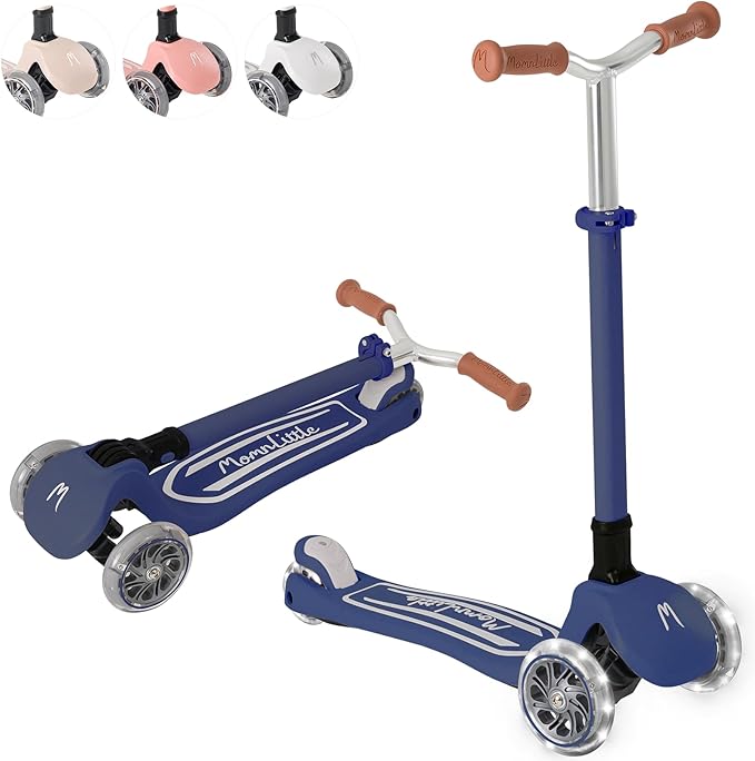MomnLittle 3 Wheel Toddler Scooter for Kids Ages 3-10, Foldable Scooter with LED Light-Up Wheels, Lean-to-Steer Design, Mini Basket & 4 Adjustable Heights, Scooter for Boys and Girls