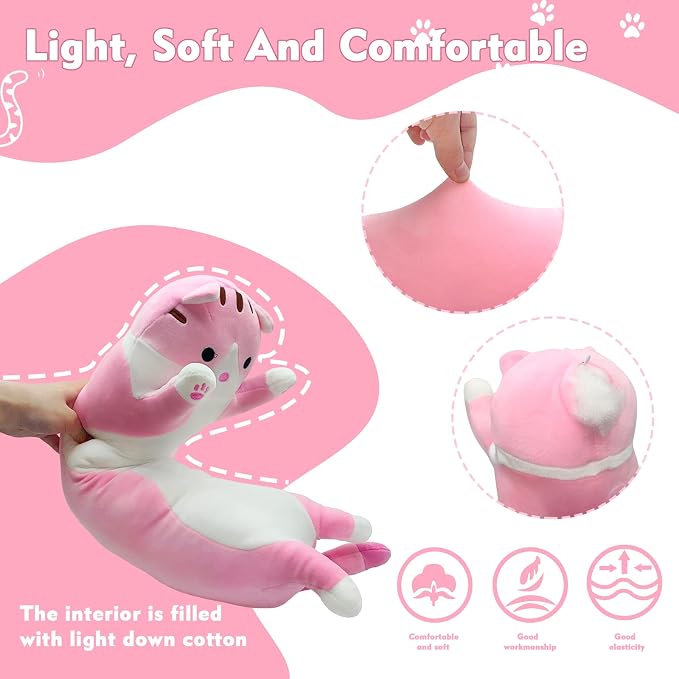Long Cat Plush Pillow, 35.4in Cute Pink Cat Plushie Stuffed Animals Body Pillow, Kawaii Kitten Soft Plushie Doll Toy Birthday Gift for Children Girlfriend