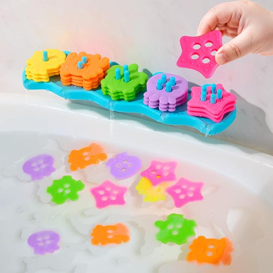 Bath Toys for Kids Ages 1-3, 21PCS | Fun & Mold Free Bath Toys for Toddler 2-4 | Educational Color Shape Sorter & Stacking with 20 Floating Pieces | Toddler Bathtub Toys with Mesh Bag for Girls Gift