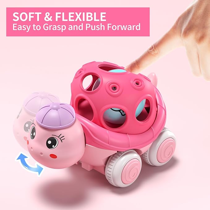 BeAndge Baby Girl Toys Gifts for 1 2 Year Old Girls, Pink Cars for Babies 6-12 12-18 Months, Push and Go Trucks for Toddlers, Soft Rattle Toys for One 1+ Infants First Birthday Easter Gifts