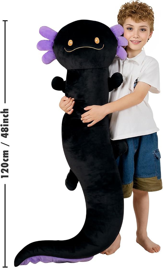 Tianmihou 48 inch Giant Axolotl Plush Stuffed Animal, Big Black Axolotl Glow in The Dark Fluorescent Plushies, Jumbo Salamander Body Pillow Gifts for Kids Adults, Birthday