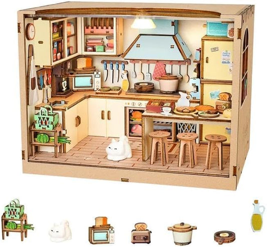 DIY Dollhouse Miniature House Kit 1:20 Scale Kictchen with LED Light, Tiny House Building Kit 3D Wooden Puzzle Crafts for Adults Home Decor Gift for Women Men