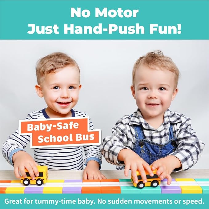 QBI Magnetic Blocks for Toddlers 1-3｜School Bus Toy Set with 12 Pastel Track Cubes｜STEM Montessori Educational Toys for 1 Year Old Boys & Girls｜Safe Large Building Bricks (13 Pieces Starter Pack)