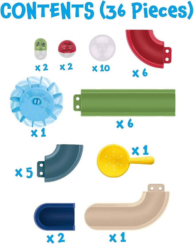 Buddy & Barney: Bath Time Marble Run - 36pc Set, Different Sized & Colored Pieces, Build A Track & Race The Special Balls Down, Water Toy, Kids Age 3+