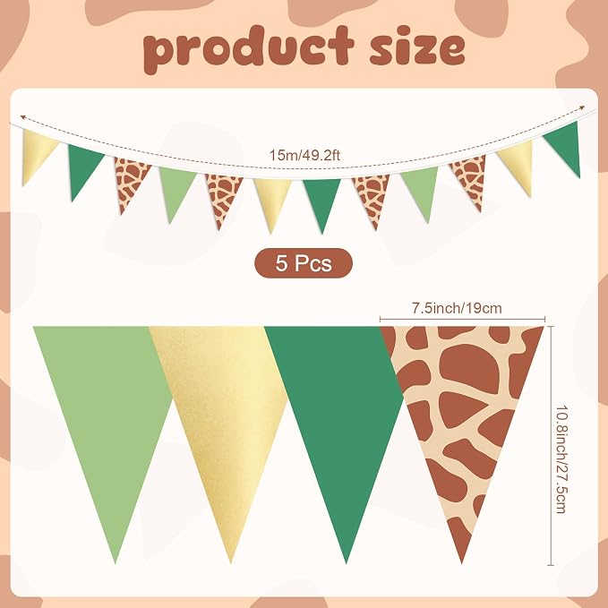 Tiamon 5 Pcs Safari Birthday Banner Decorations Giraffe Animals Green Jungle Wild One Pennant Bunting Printed Triangle Flag for Jungle Wild Baby Shower Zoo Giraffe Birthday Party Decor Supplies