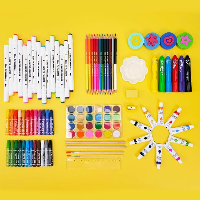 AmazeCat Art Supplies,159-Piece Deluxe Art Set,Drawing &Painting Kits for Kids,Gift Box for Adults Artists Kids Teens Girls Boys 4-12 (Pink)