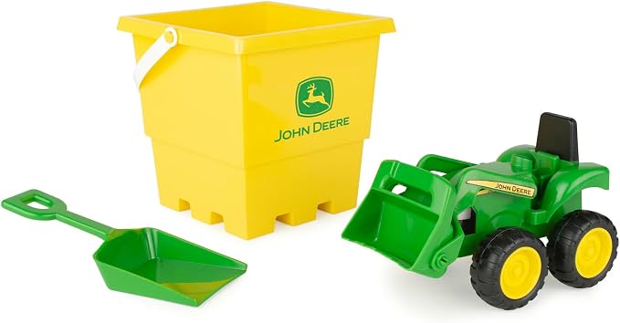 TOMY John Deere Sandbox Toy Set - Includes Dump Truck Toy, Bucket and Beach Shovel - Toddler Outdoor Toys and Farm Toys - Summer Kids Sand Toys - Green - 3 Count