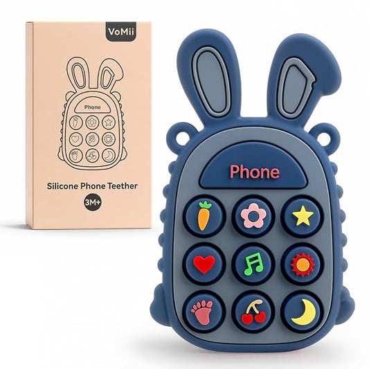 Press Phone Teether for Baby Girls, Soft Silicone Teething Toy, Sensory Toy | Teething Relief, BPA-free, Freezer, for Baby 3 Months+, Cute Rabbit Design with Textures and 9 Patterns, Press & Pop for Fun!